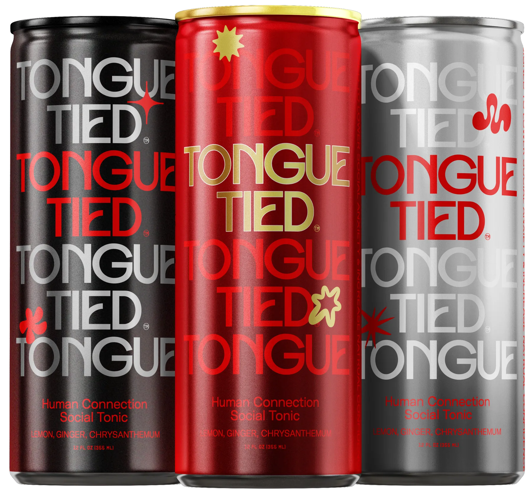 TONGUE TIED social tonic — RED, BLACK and SILVER cans